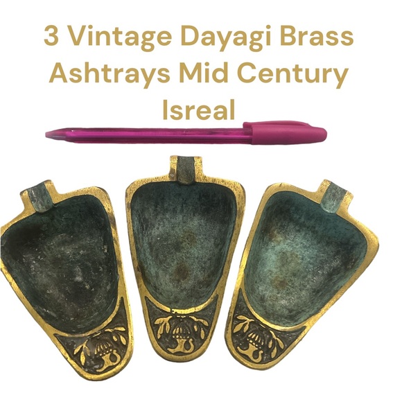 3 Vintage Ashtray Solid Brass Dayagi Israel Ornate Mid Century RARE Collectibles - Picture 1 of 12
